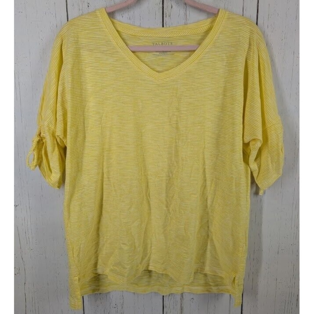 Talbots Size Large Petite Yellow White Stripe V Neck Short Sleeve Tie Sleeve Top